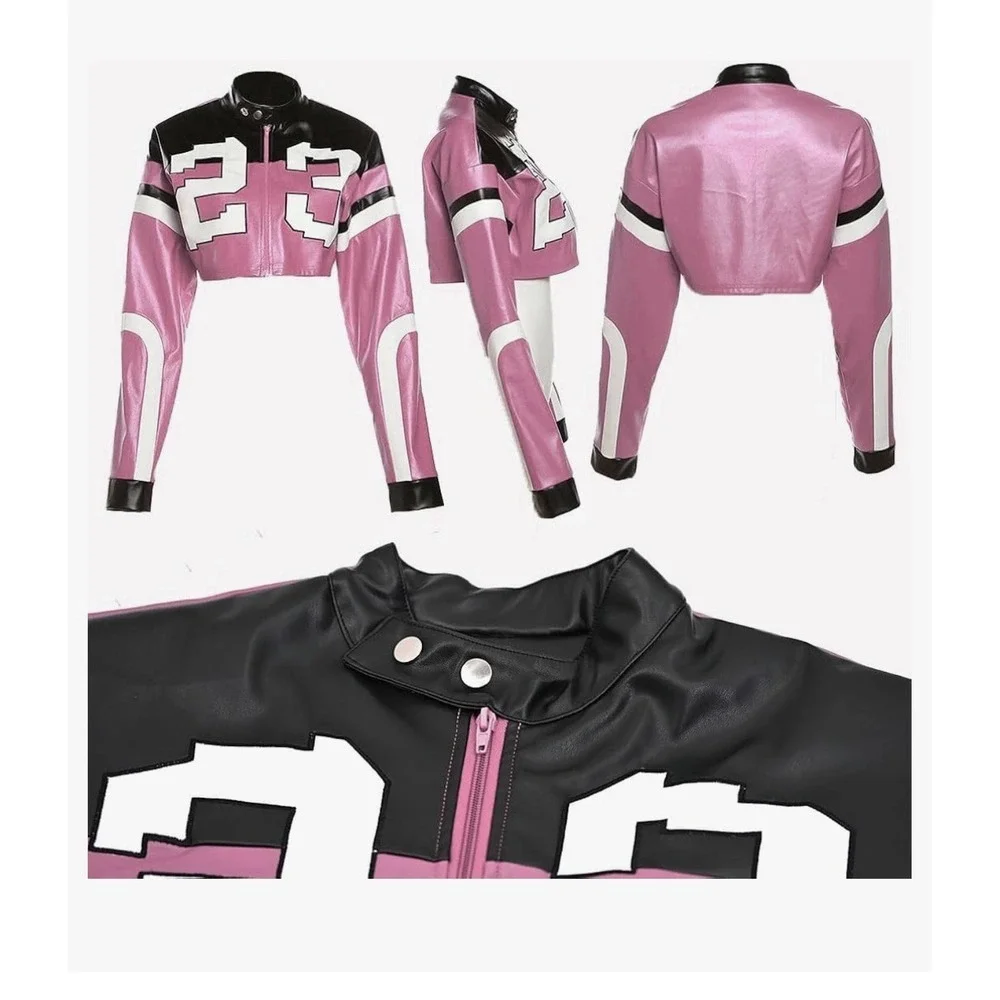 Leather Cropped Motorcycle Y2K Letter Bomber Jacket Size XS